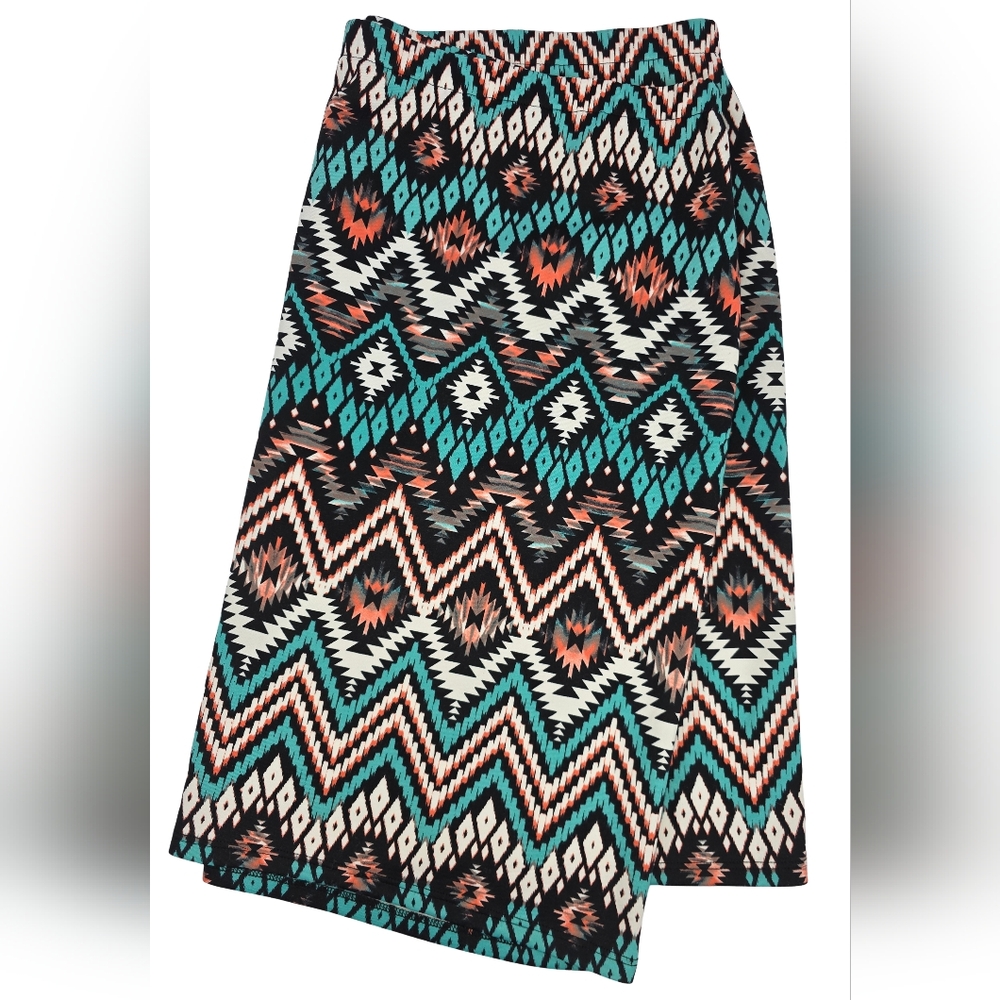 Aztec Print 3X Skirt Teal & Coral Elastic Waistband Pull-On 3396-Z